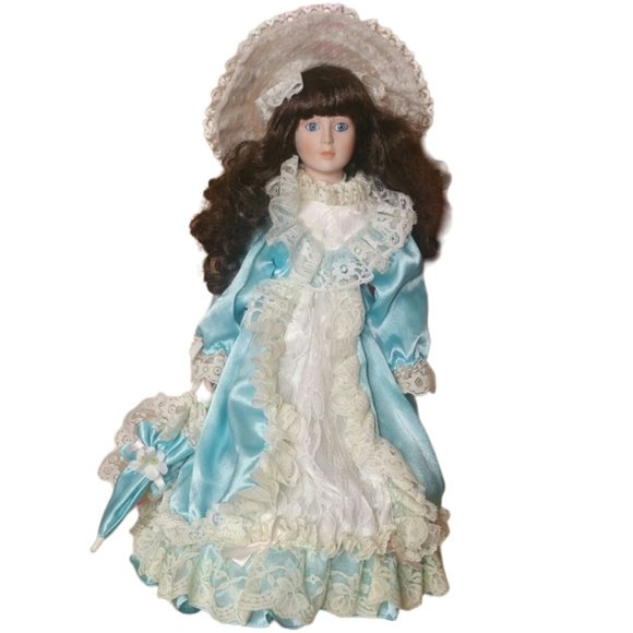 Porcelain Brunette Victorian Doll with Stand - Picture 11 of 11